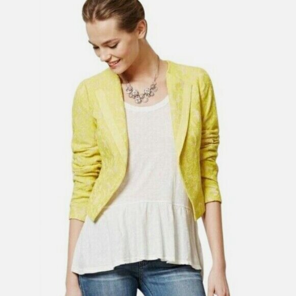 Anthropologie Elevenses Yellow Lace Cropped Blazer Jacket - Picture 3 of 7